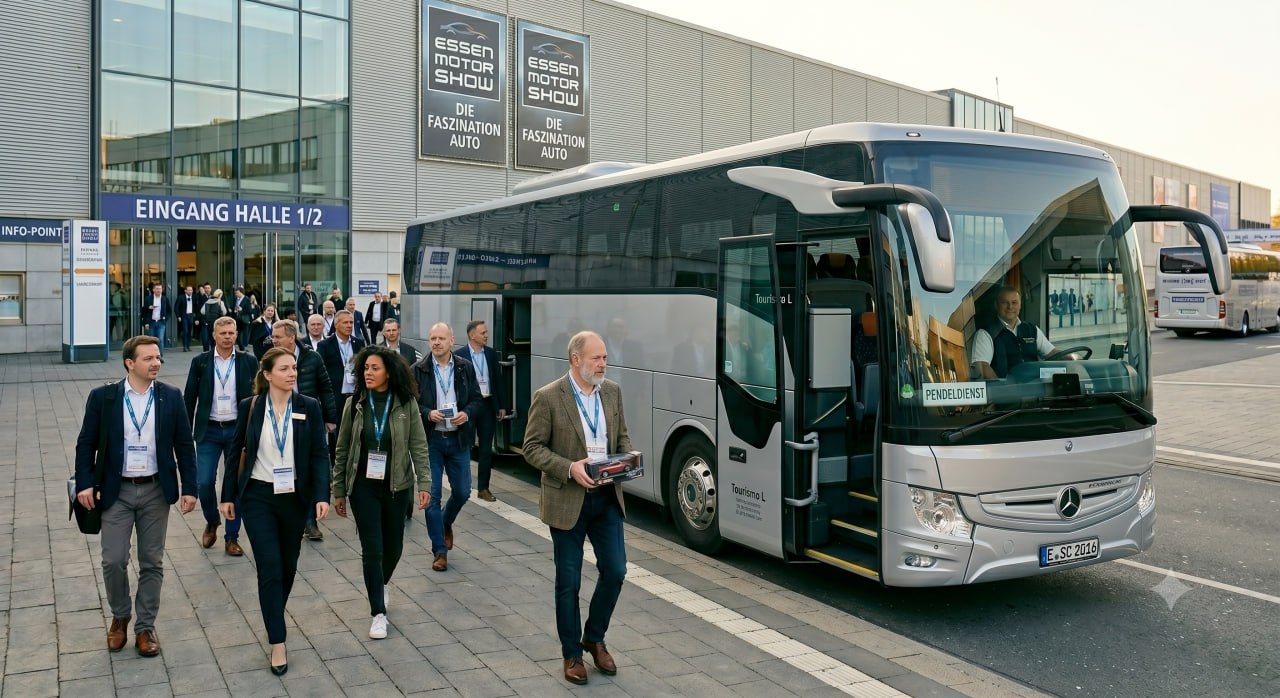 Messebesucher und Shuttlebus am Messegelände