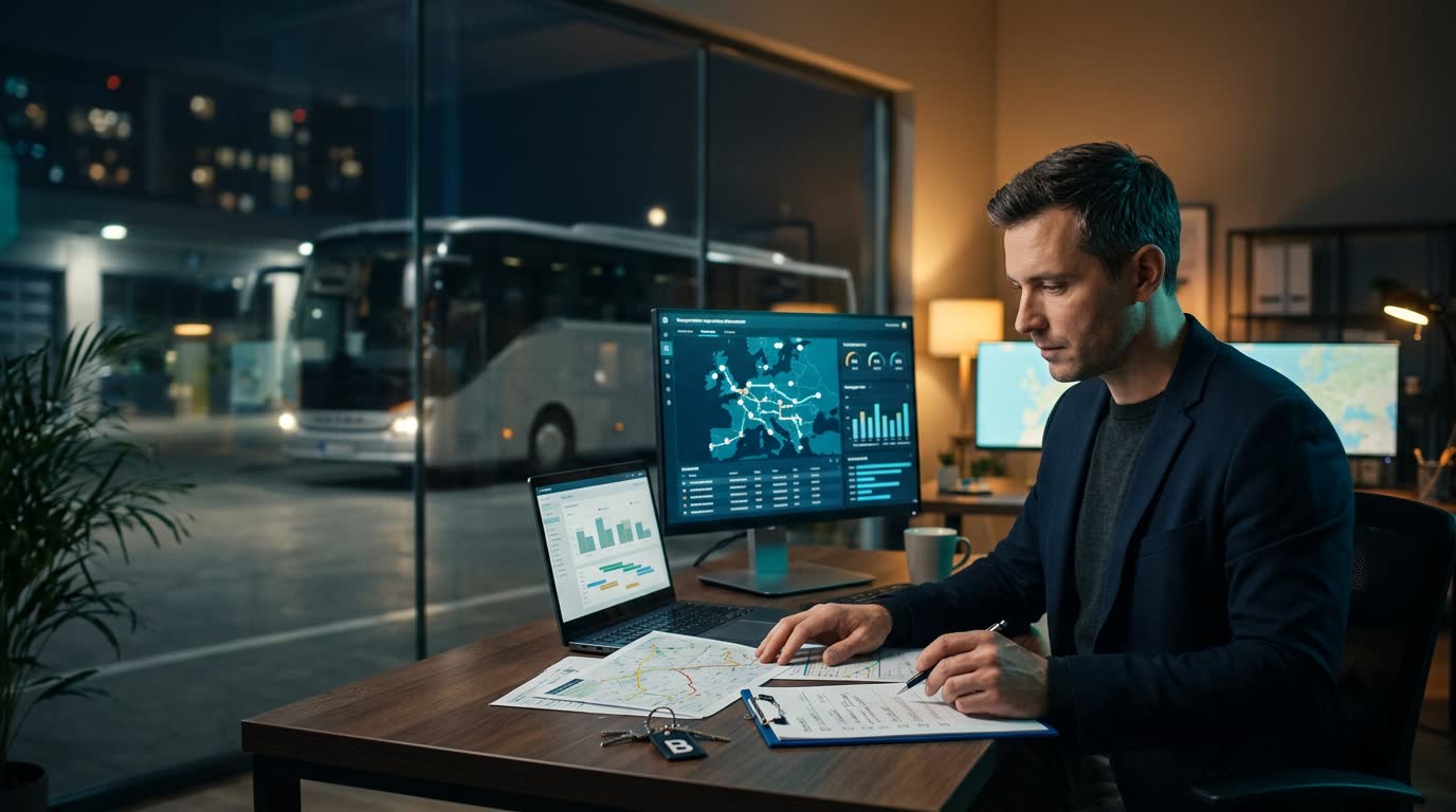 Digitale Planung einer Busreise mit Route, Zeiten und Angebotsdaten