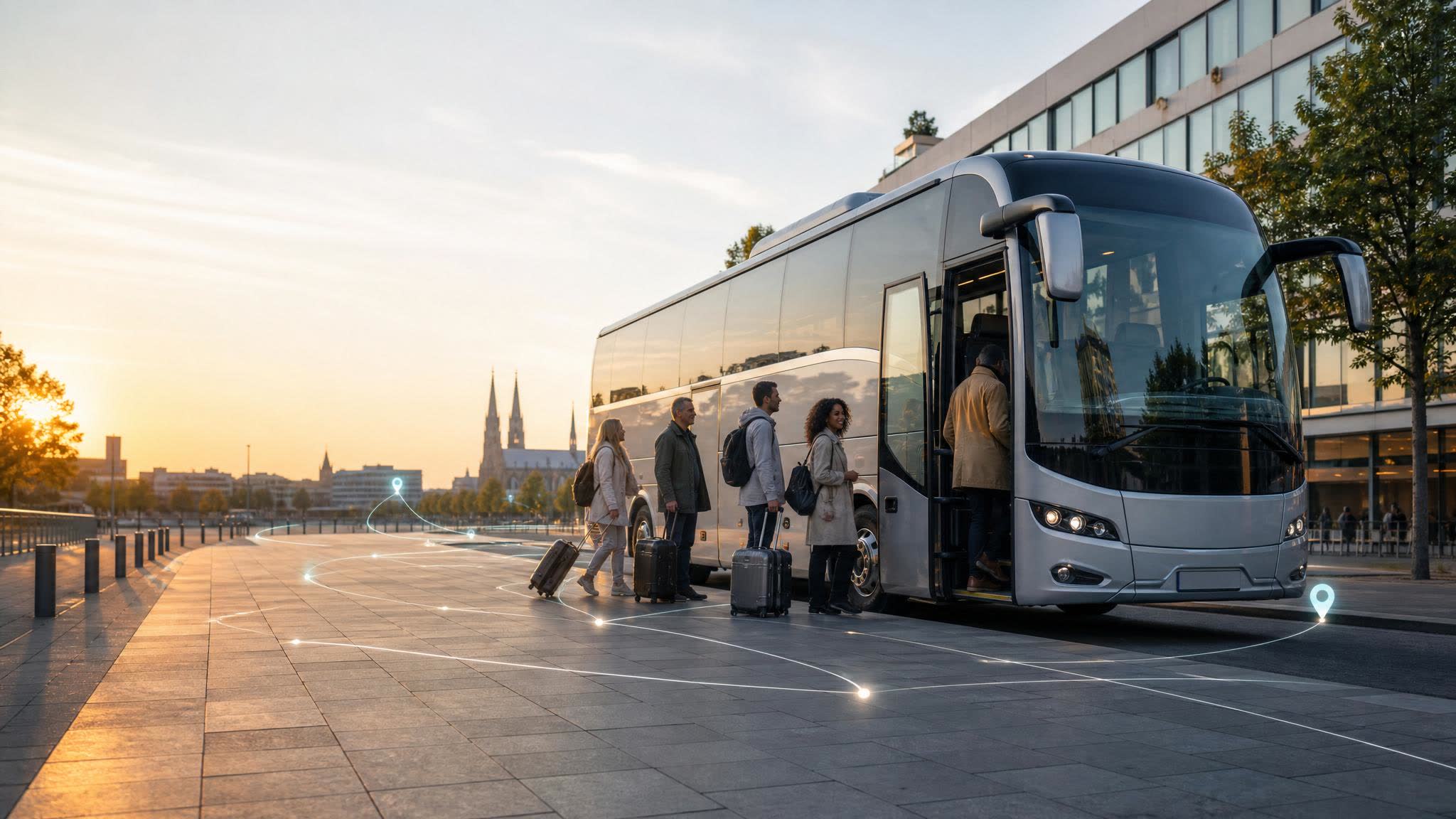 Reisegruppe steigt in einen Bus mit digitaler Routenplanung ein