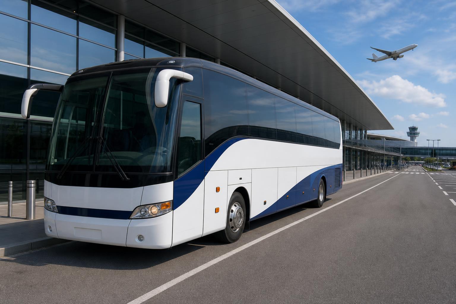 Reisebus am Flughafen-Terminal mit Flugzeug im Hintergrund