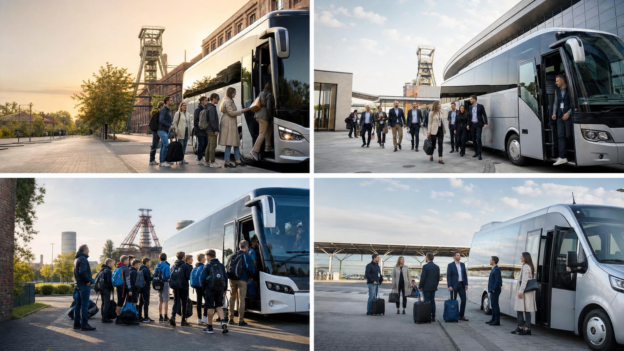Gruppe steigt gemeinsam in einen Reisebus ein