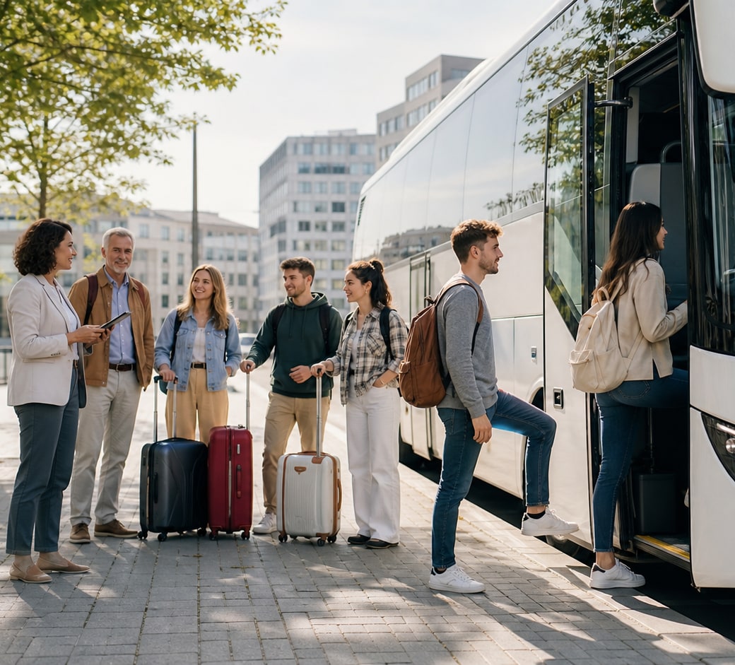 Gruppe steigt mit Gepäck in einen Reisebus mit Fahrer ein